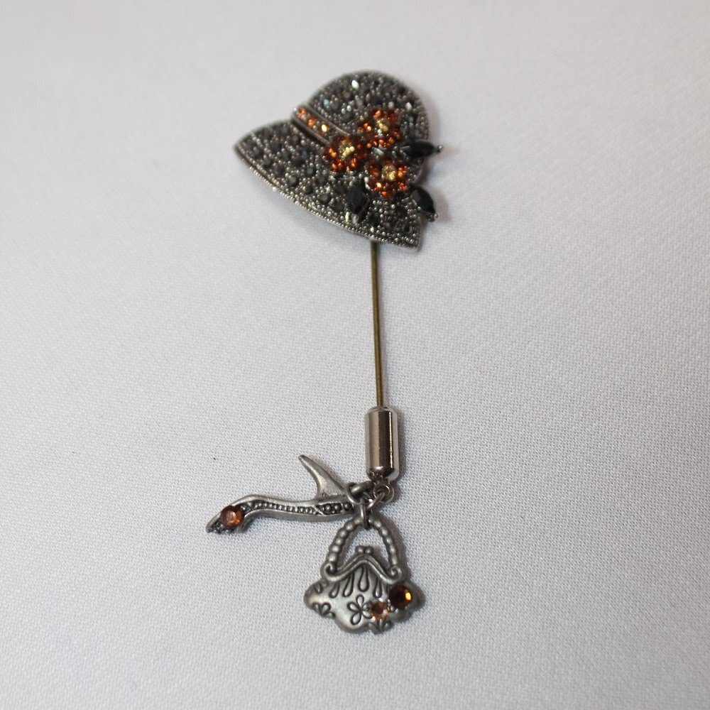 Vintage Marcasite and Amber Rhinestone Stick Pin